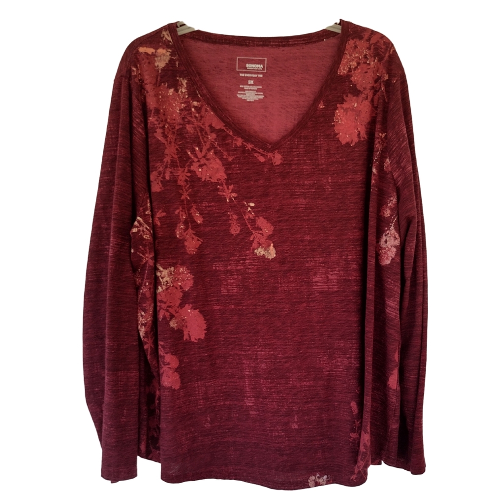 E) Sonoma Goods for Life Women’s Long Sleeve Tee – Size 3X Burgundy Floral Print